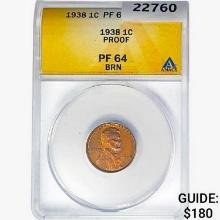 1938 Wheat Cent ANACS PF64 BRN