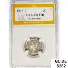 1943-S Mercury SILV 10C PGA AU58 FSB 5% Off Center