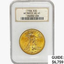 1908 $20 Gold Double Eagle NGC MS63 No Motto