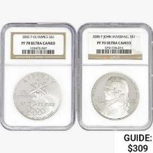 2002&2005-P [2] US Varied Silver Coinage NGC PF70