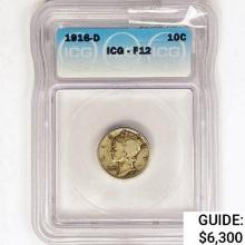 1916-D Mercury Silver Dime ICG F12