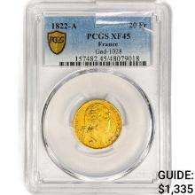 1822-A France 20 Francs .1867oz. Gold PCGS XF45 Ga