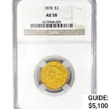 1878 $3 Gold Piece NGC AU58