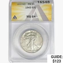 1943 Walking Liberty Half Dollar ANACS MS64