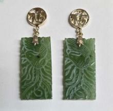14k Gold Carved Jade Earrings