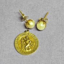 14k Gold Pendant and Pearl Earrings