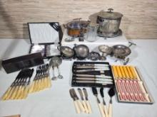 Estate Collection of Silver Plate Serving Pcs., Steak Knives, Bakelite, and Mother of Pearl Handled