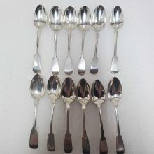 12 Sterling Silver 19th C. English Fiddleback Tea Spoons 5 5/8" Vairious Makers & Dates