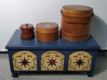 Hand Painted Hope Chest, Shaker Style Box and 2 Firkins