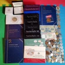 8 Proof and 2 UNC US Mint Sets, Partial Jefferson Nickel and Wheat Cent Albums, and World Coins