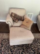 Beige Nailhead Trim Club Chair with Ottoman with Pillows, ETC (Local Pick Up Only)