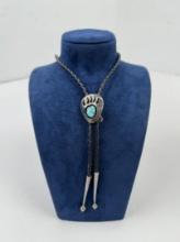 Navajo Sterling Silver Turquoise Bear Paw Bolo Tie