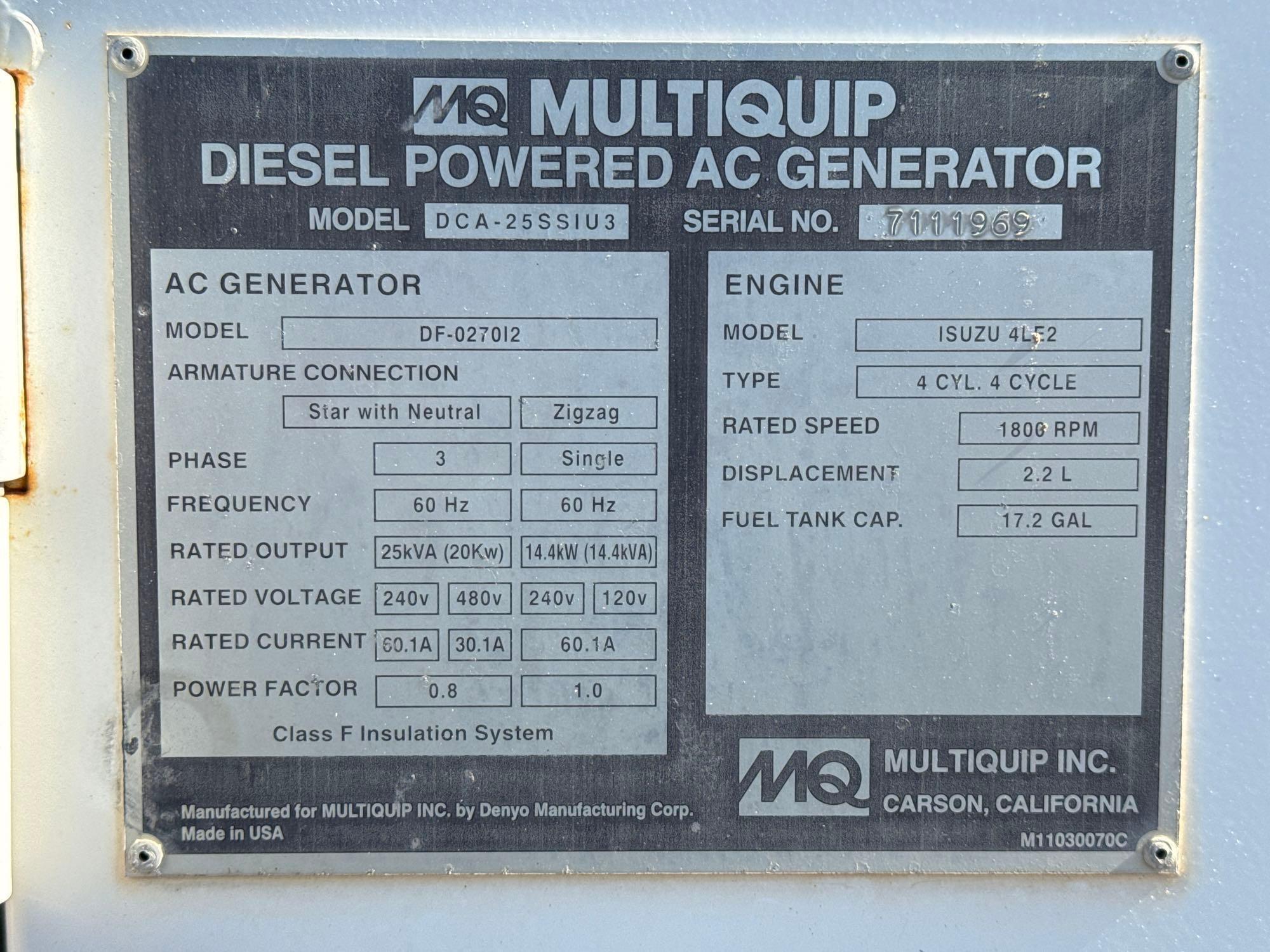 Multiquip DCA25SSIU3 25 kVA...Diesel Generator