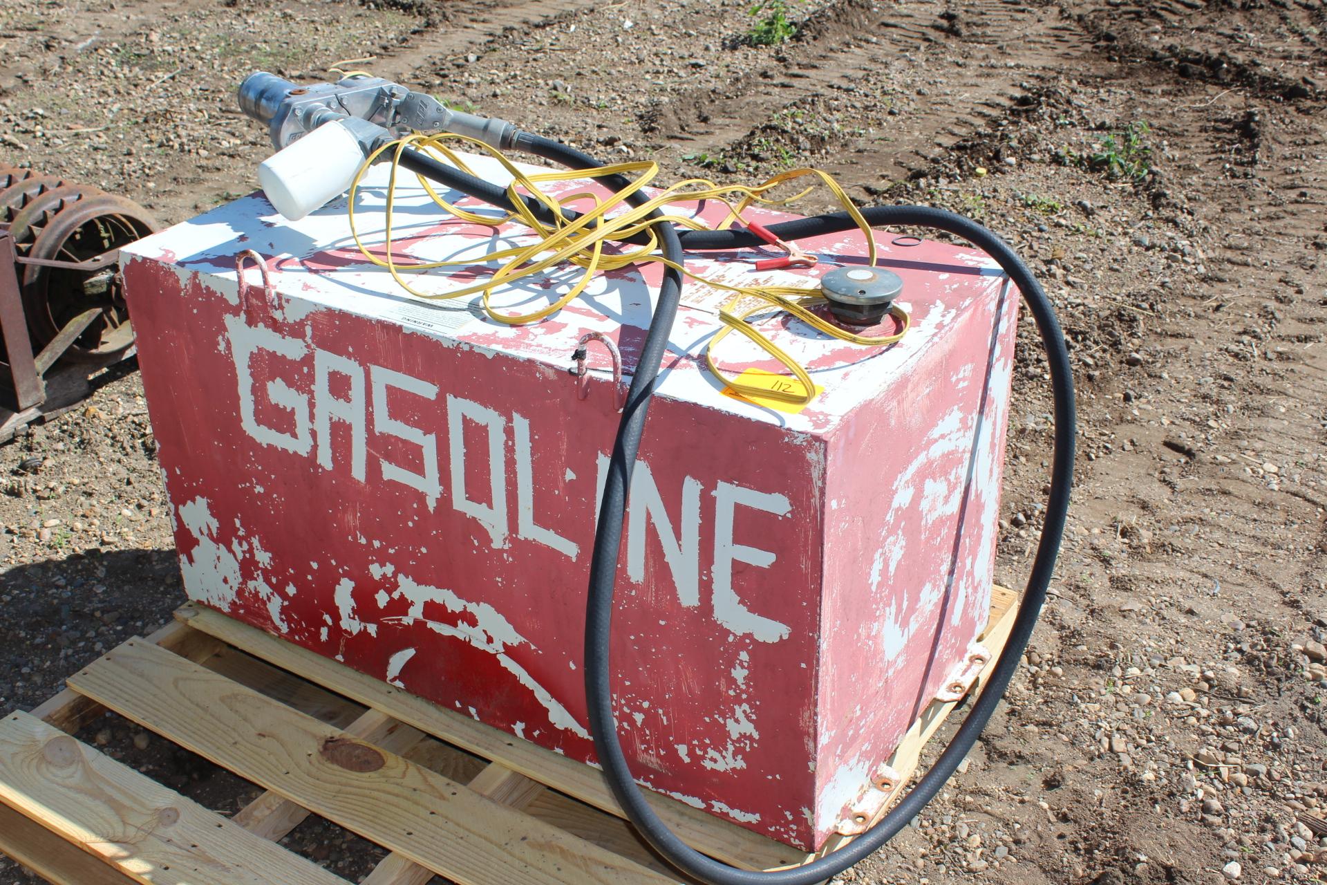 APPROX 100 GALLON RECTANGLE FUEL TANK, 12 VOLT PUMP,