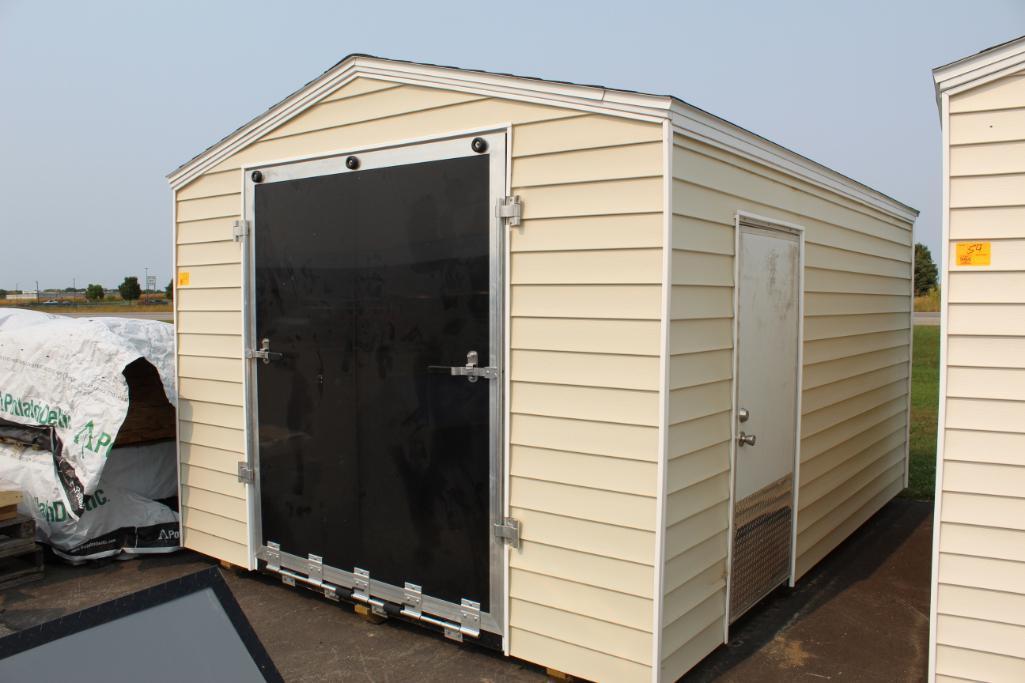 BRAND NEW 10' X 14' SHED ON SKIDS, 66" X 80" TALL FRONT FOLD DOWN RAMP DOOR, TAN SHINGLES, LIGHT TAN