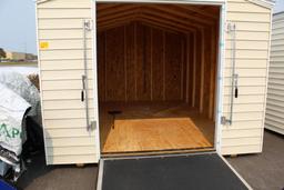 BRAND NEW 10' X 14' SHED ON SKIDS, 66" X 80" TALL FRONT FOLD DOWN RAMP DOOR, TAN SHINGLES, LIGHT TAN