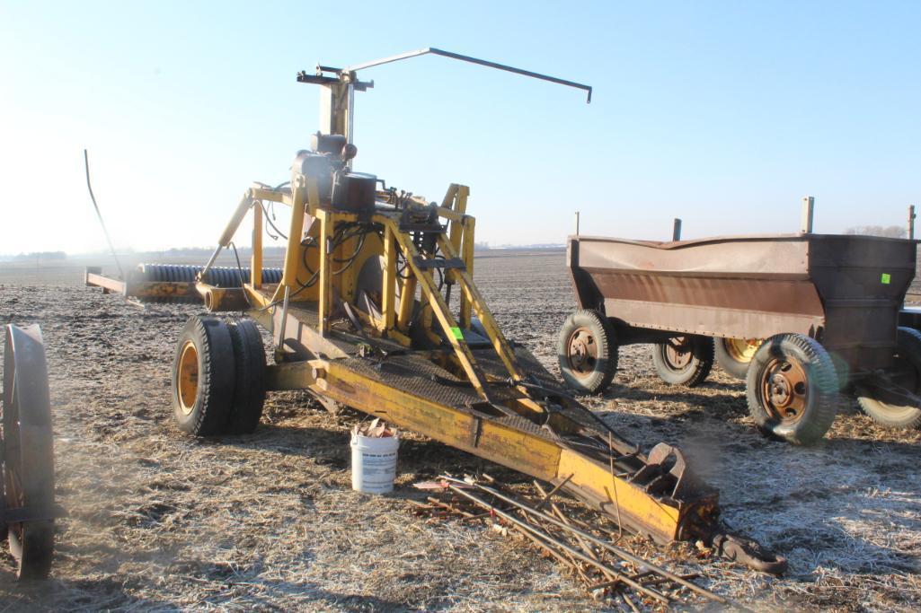 TILE PLOW, PULL TYPE, DUAL WHEELS, 4" TO 6" BOOT, REEL HOLDS APPROX 3000' ROLL OF 4" TILE,