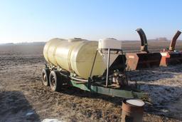 700 GALLON POLY TANK ON TANDEM AXLE TRAILER, CAST PUMP WITH GAS ENGINE, CHEM CONE,