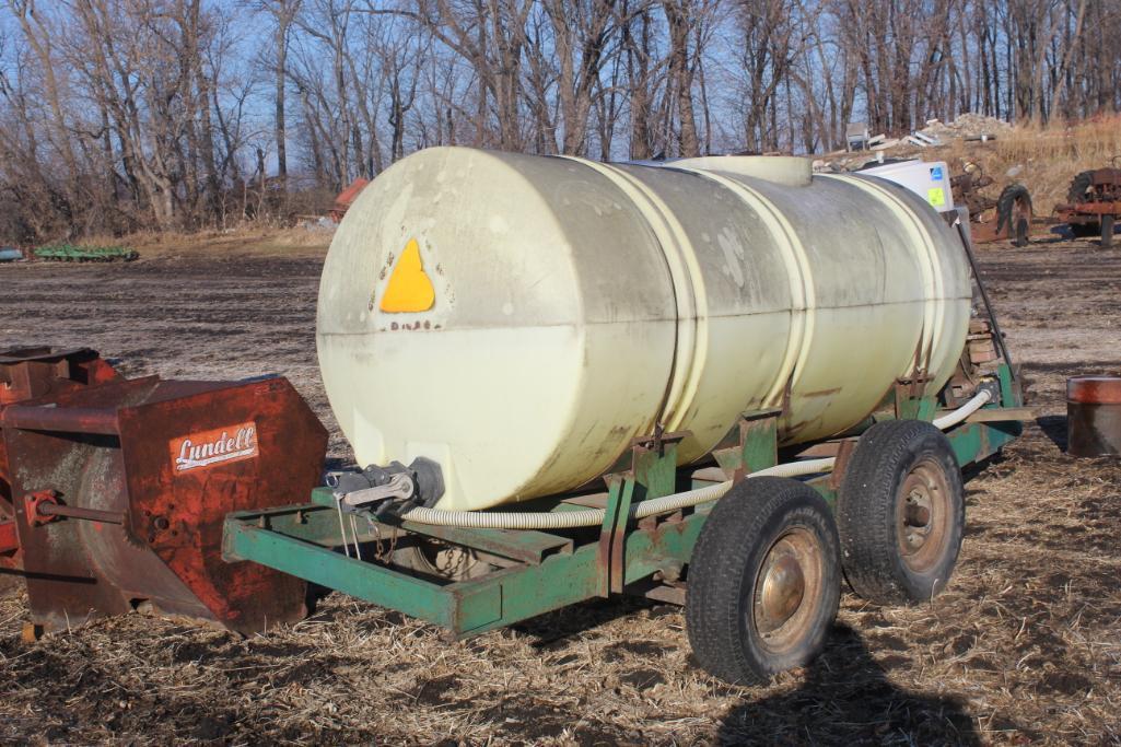 700 GALLON POLY TANK ON TANDEM AXLE TRAILER, CAST PUMP WITH GAS ENGINE, CHEM CONE,