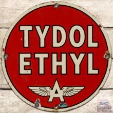 Tydol Ethyl Gasoline SS Porcelain Pump Plate Sign w/ Flying A Logo