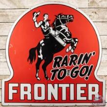 1955 Frontier Rarin' To Go! Gasoline 6' DS Porcelain ID Sign