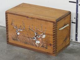 Vintage Lap Wood Ammo Crate w/Rope Handle, Whitetail Scene on Front AMMO BOX