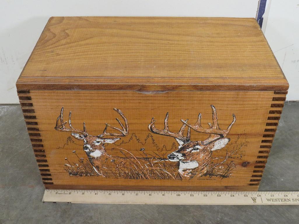 Vintage Lap Wood Ammo Crate w/Rope Handle, Whitetail Scene on Front AMMO BOX