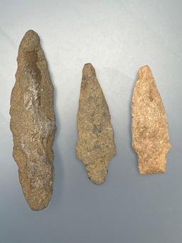 Lot of 3 Archaic Stem Points, Quartzite, Siltstone, Found in Northampton Co., PA, Longest is 3 5/8",