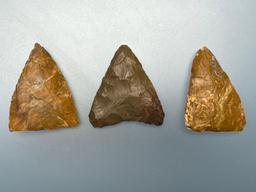 Lot of 3 Triangle Points, Jasper, Longest is 1 1/4", Found in Northampton Co., PA, Ex: Burley Museum