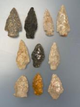 10 Quartzite, Chalcedony and Jasper Arrowheads, Found in Northampton Co., PA, Longest is 2 1/8", Ex: