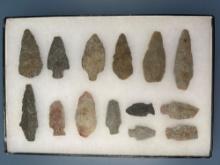 14 Mainly Quartzite Points, Longest is 3 1/8", Found in the Oley Valley, Berks Co., PA, Ex: Kauffman