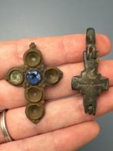Roman/Medieval Crosses, x1 w/Blue Stone/Glass Still with Piece, Longest 1 3/4"