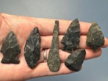 6 Black Chert Arrowheads, Tools, Found on Egg Island in NJ in 1957, Longest is 2 3/8"