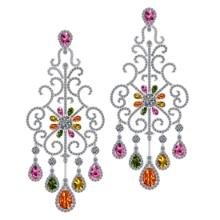 24.00 Ctw VS/SI1 Multi Stone Sapphire And Diamond 14K White Gold Dangling Earrings