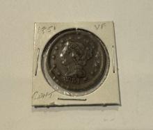 1851 BRAIDED HAIR ONE CENT COIN