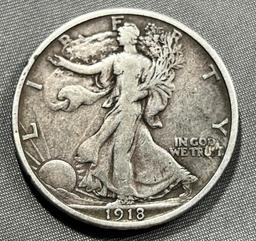 1918 US Walking Liberty Half Dollar, 90% Silver