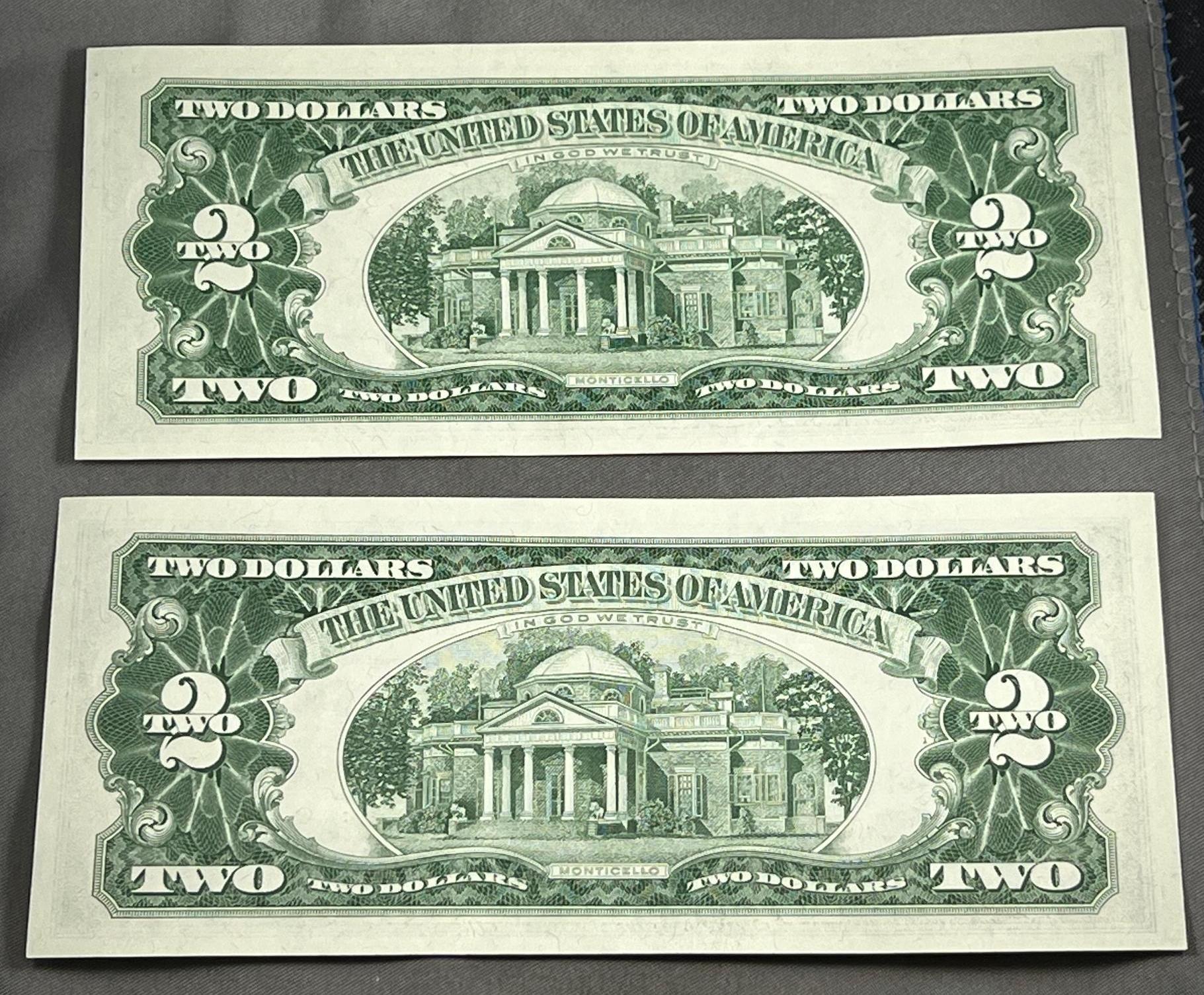 2- 1963 Red Seal $2.00 Notes, UNC w/ sequential serial numbers