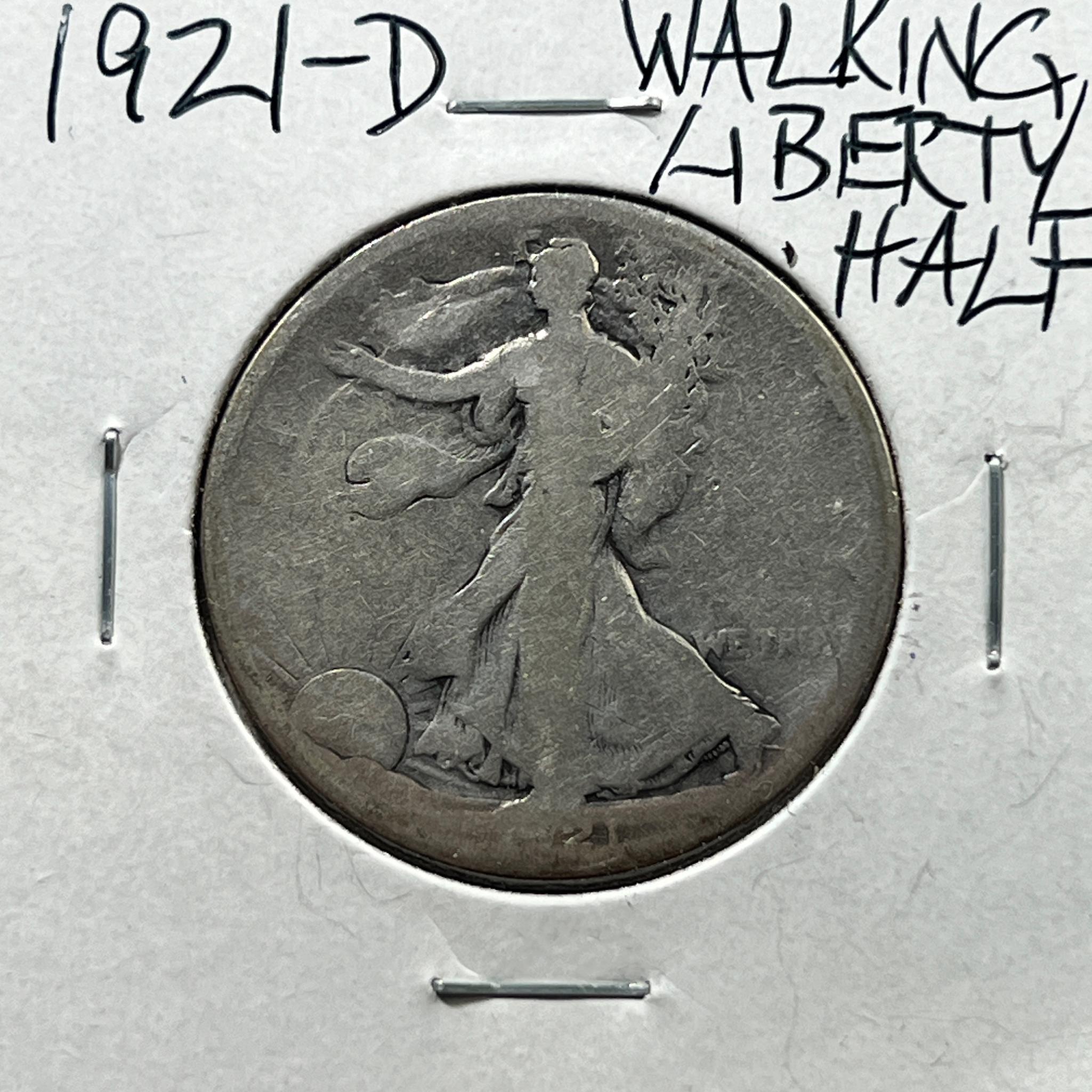 KEY DATE- 1921-D US Walking Liberty Half Dollar, 90% Silver