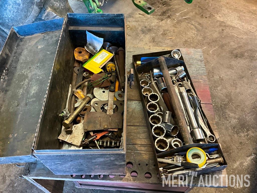 Metal tool box w/ assorted sockets, wrenches etc.