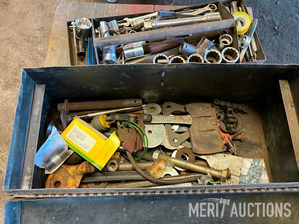 Metal tool box w/ assorted sockets, wrenches etc.