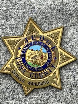 VINTAGE OBSOLETE POLICE BADGE UBA COUNTY CA CALIFORNIA JUDGE
