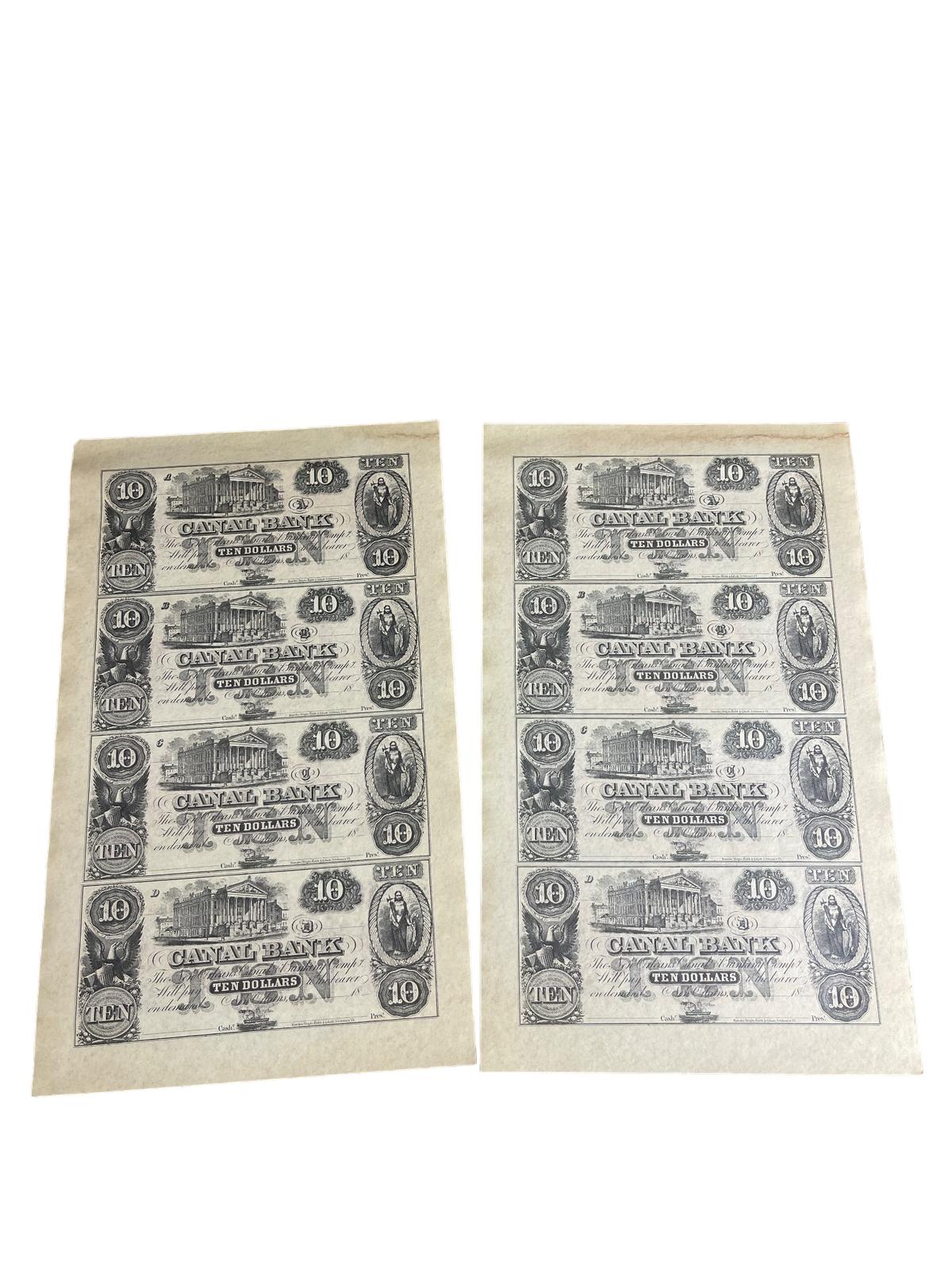 New Orleans Canal Bank $10 Uncut Sheet Paper Money 1860s Collection Lot