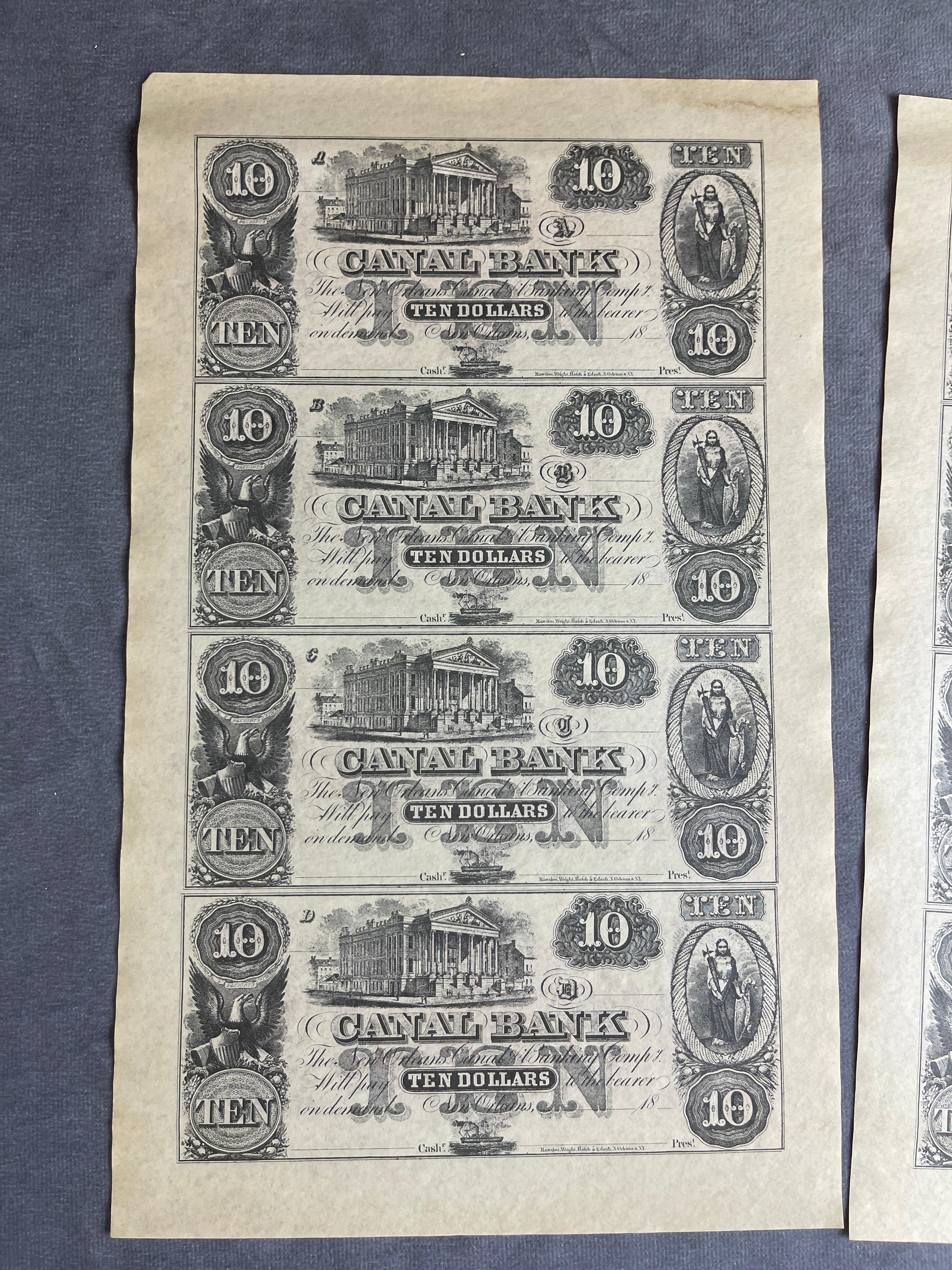 New Orleans Canal Bank $10 Uncut Sheet Paper Money 1860s Collection Lot