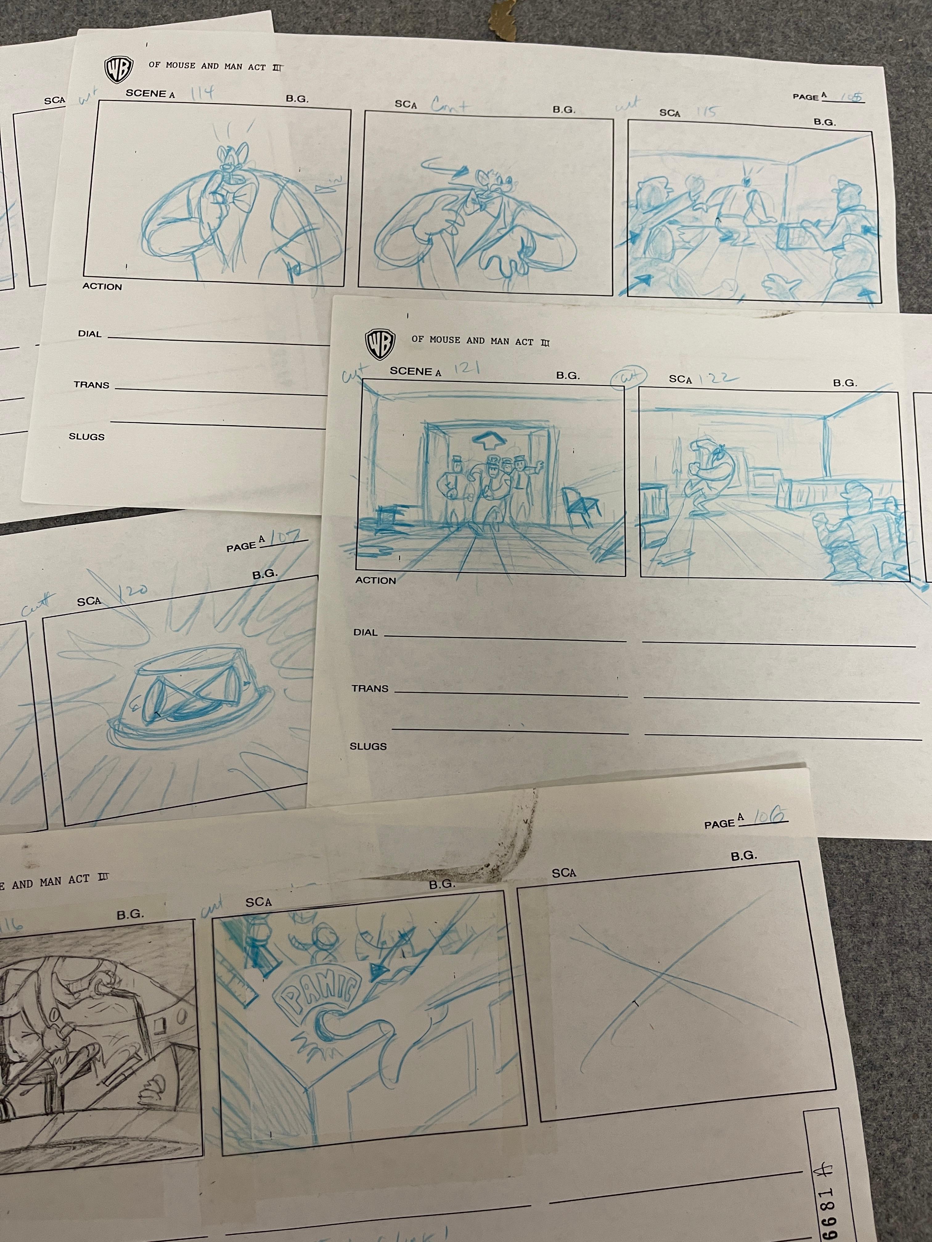 Warner Brothers of Mice and Men Animation Story Board Drawing Collection Lot