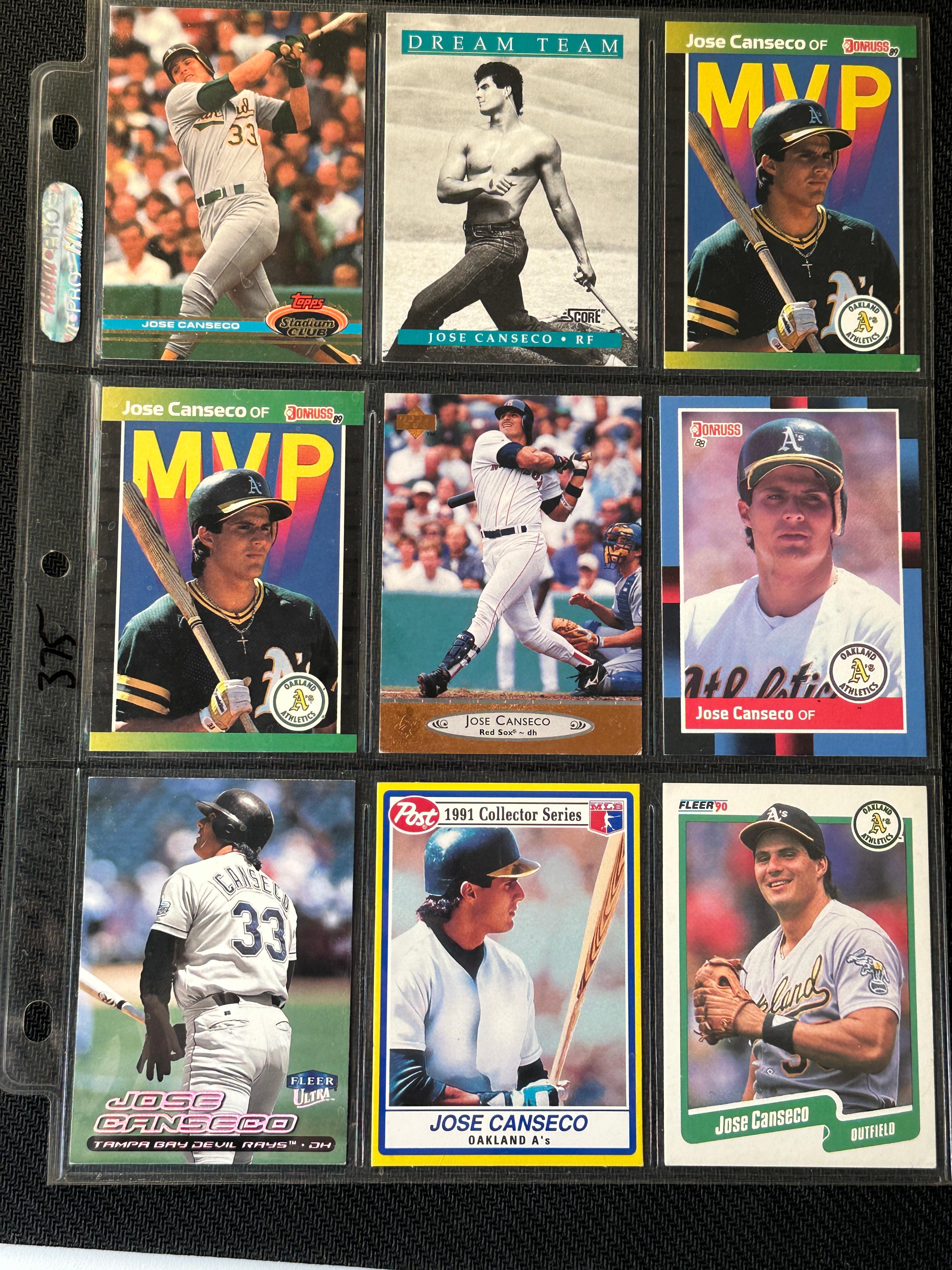 Jose Canseco 9 Card Baseball Lot in Pages - Different years, conditions