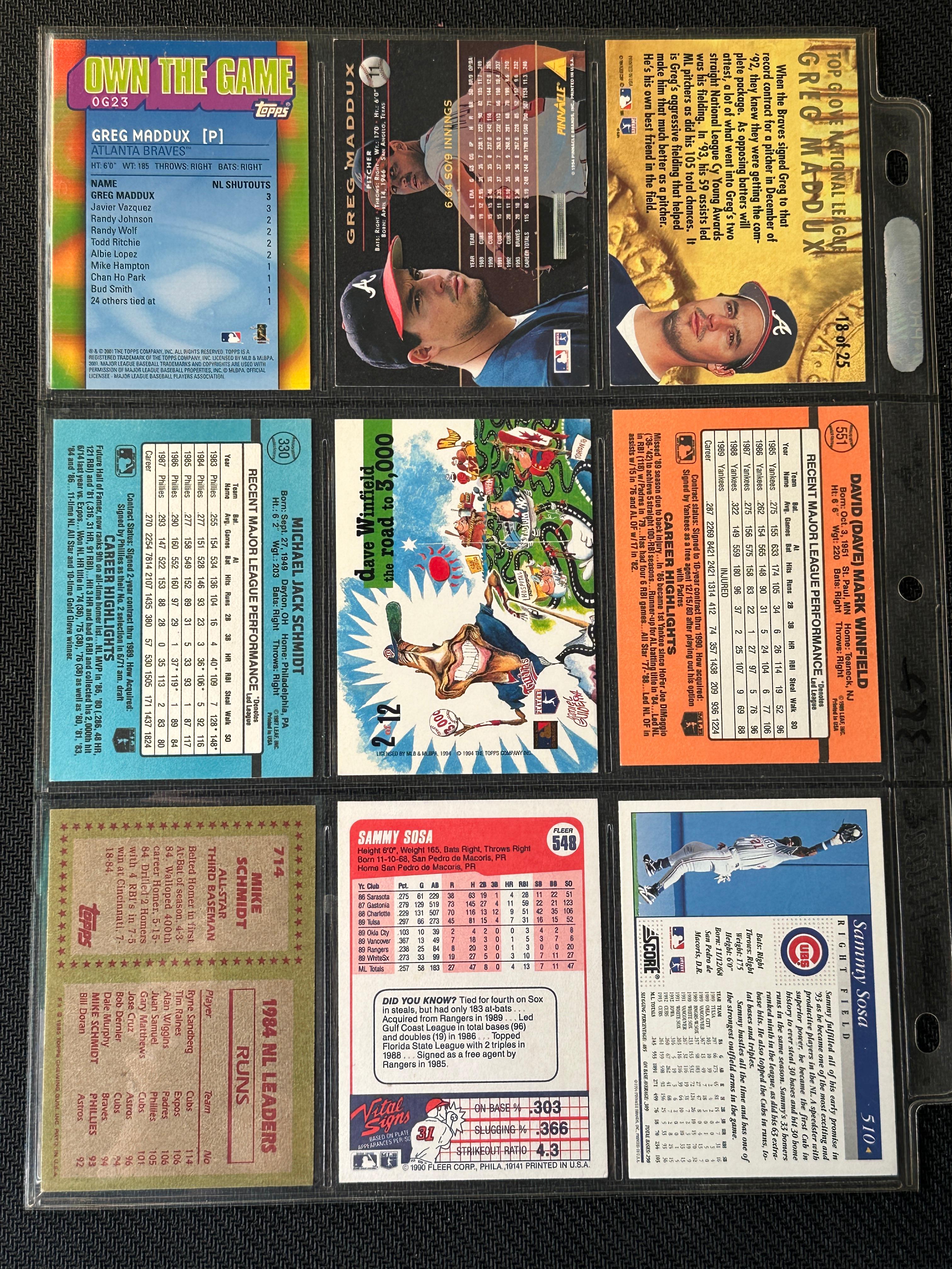 9 Card Baseball Lot in Pages - Different Players, years, conditions