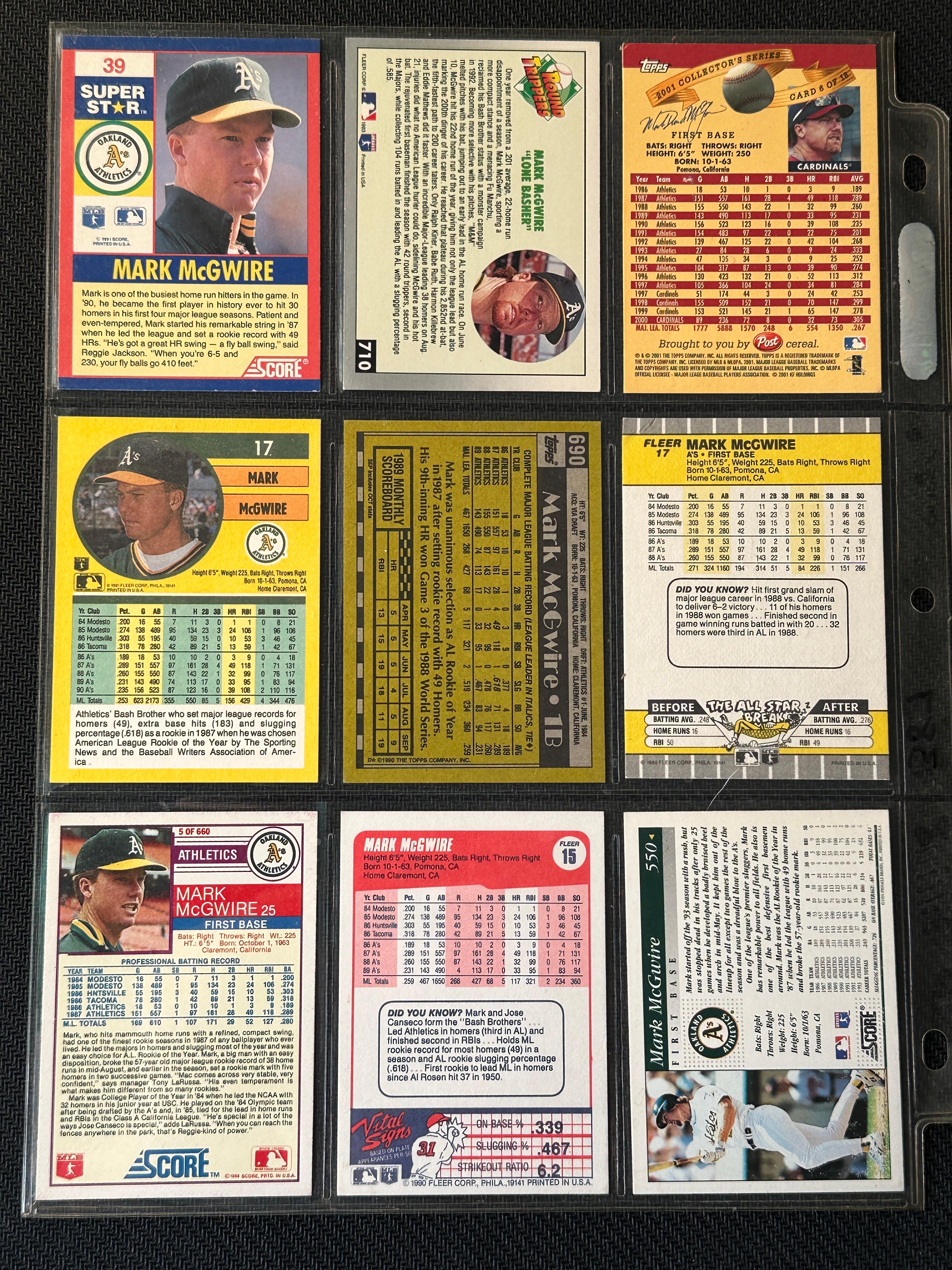 Mark McGwire 9 Card Baseball Lot in Pages - Different years, conditions