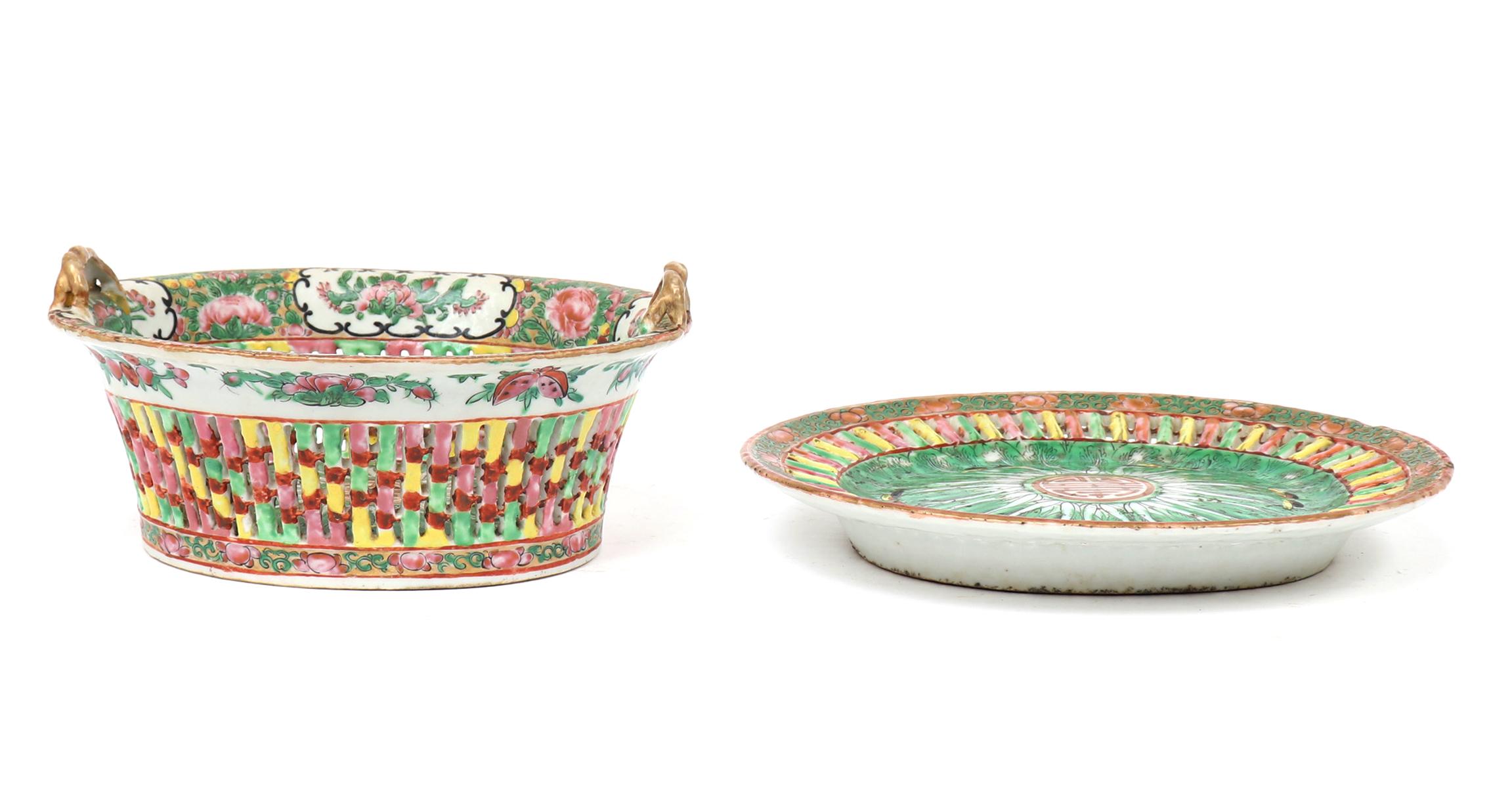 Chinese Rose Medallion Reticulated Fruit Basket and Plate