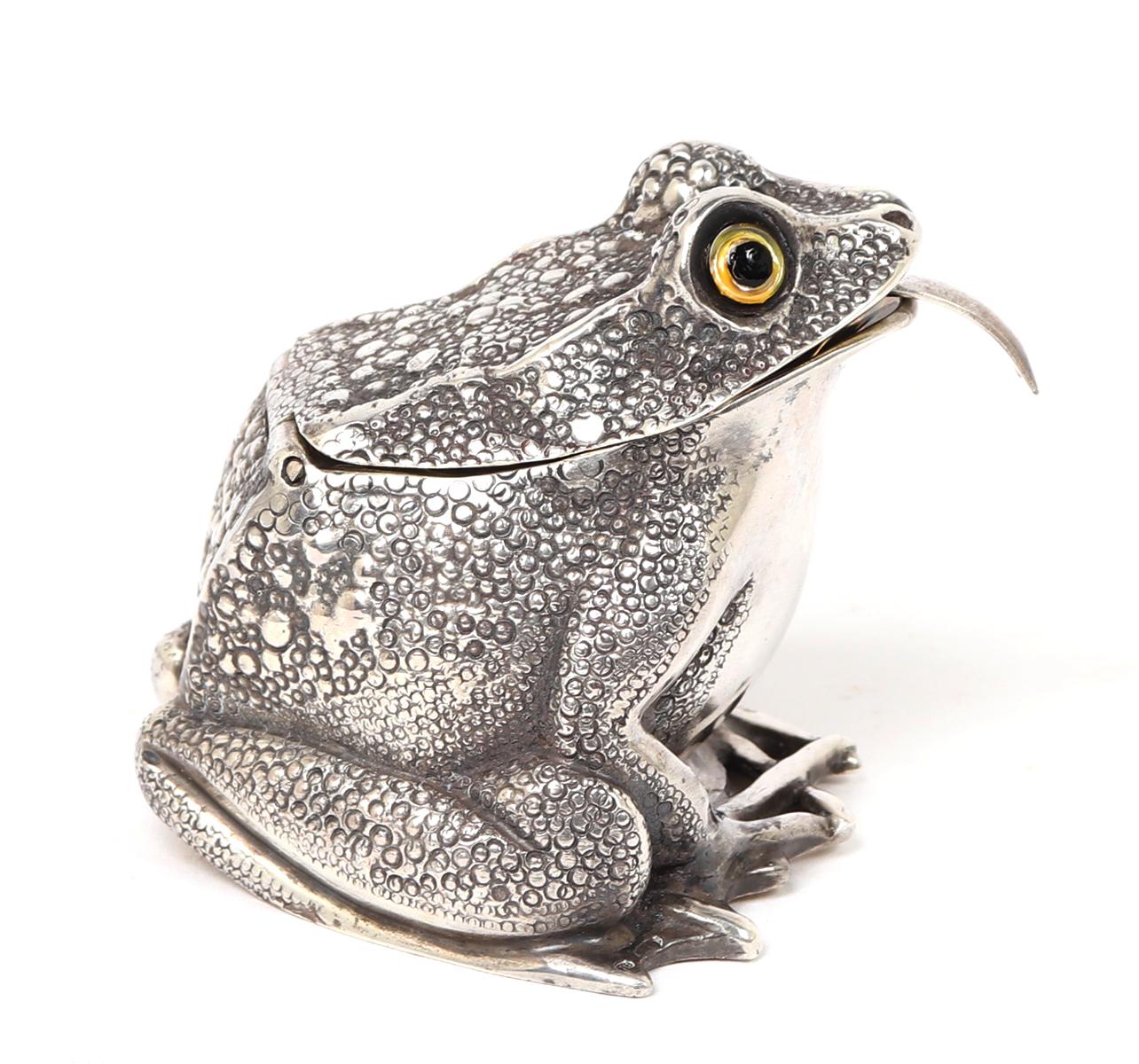 Sterling Silver Frog Sugar Bowl w/ Tongue Spoon