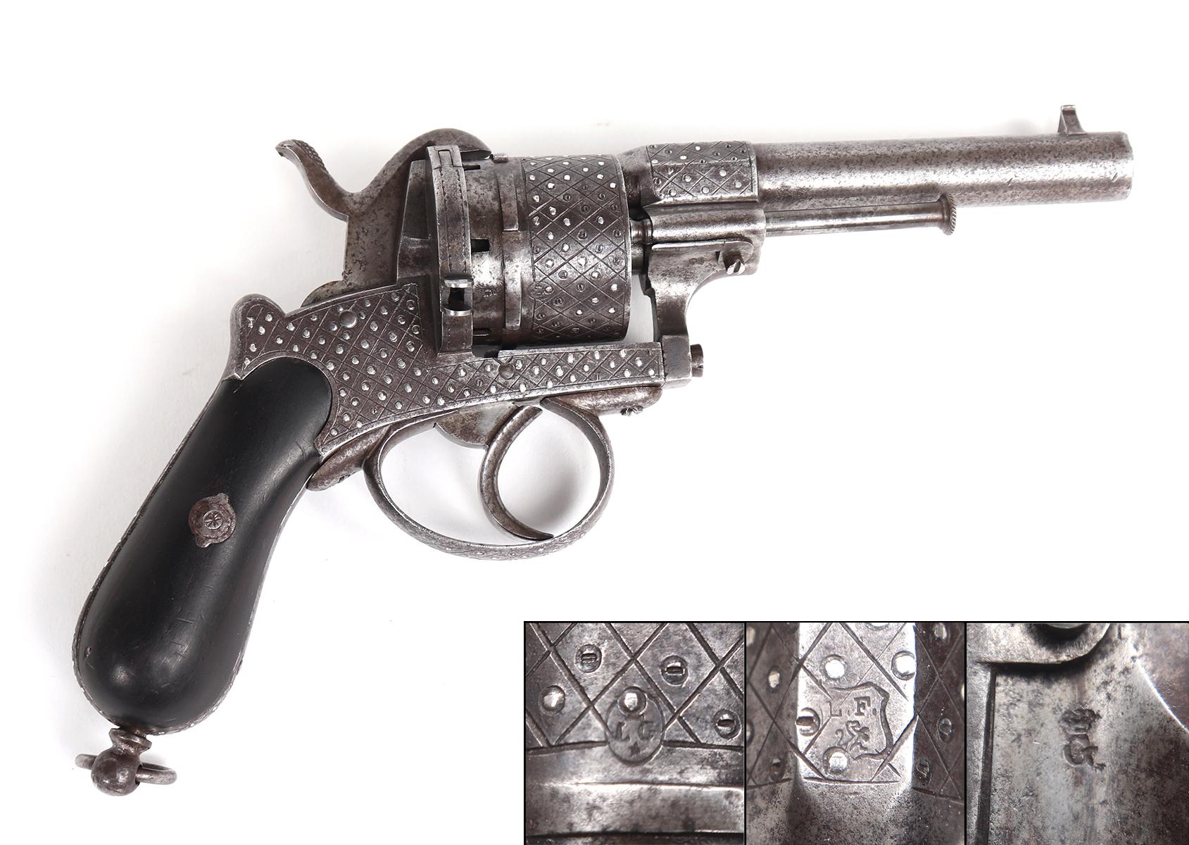 French Silver Inlaid Pinfire 6-Shooter Pistol, LeFauchex 1800s